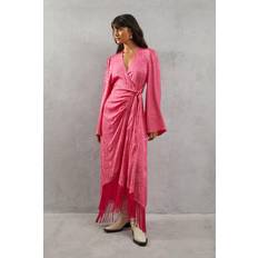 Long Dresses - Rayon Warehouse Womens Satin Jacquard Kimono Sleeve Fringe Hem Wrap Dress Light Pink Rayon