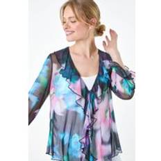 Elastane/Lycra/Spandex Blouses Roman Blurred Floral Stretch Mesh Top in Blue