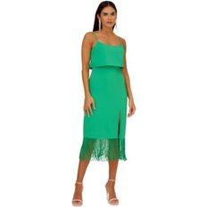 Stretch Crepe Popover Midi Dress With Fringe Hem In Summer Green