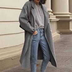 Women - Yellow Coats Sexydance Gray, XL Women Solid Color Double-breasted Long Sleeve Plain Turn Down Collar Wool Mix Cardigan Trench Coats Grey