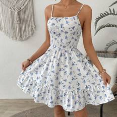 Lace - Short Dresses Shein Women Floral Printed Spaghetti Strap Ruffle Hem Mini Dress With Smocked Bodice For Summer