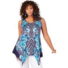 Rayon - Women Tank Tops Roaman's Plus Handkerchief-Hem Tunic Tank by in Navy Paisley Diamond Size 30/32 Long Shirt