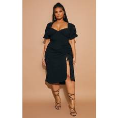 Midi Dresses - Polyester PrettyLittleThing Plus Black Puff Sleeve Ruched Split Side Midi Dress, Black