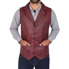 Leather Vests Fashion Mens soft burgundy leather waistcoat revere collar gilet classic western vest