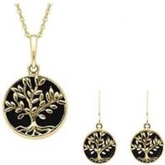 Jewellery C. W. Sellors 9ct Gold Whitby Jet Round Leaves Tree of Life Two Piece Set