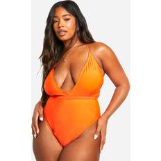 Florals Swimsuits boohoo Womens Plus Plunge Tie Waist Bathing Suit Orange