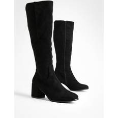Black - Women High Boots boohoo Faux Suede Low Block Pull On Knee High Boots - Black