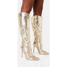 Gold - Women High Boots Public Desire Worthy Metallic Gold Studded Zip Detail Pointed Toe Stiletto Knee High Boots gold