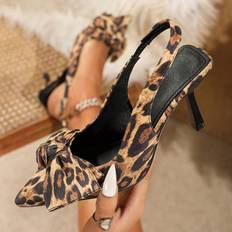 Brown - Leather Heels & Pumps Shein Women Brown HighHeel Pumps Pointed Toe With Leopard Black White Silver Colorful Pink Rhinestone Decoration Flower Big Bowtie Embellishment Slim Hee