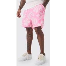 5XL Badehosen boohooMAN Plus Tonal Palm Printed Swim Shorts - Pink