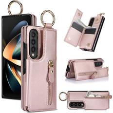 Wallet Cases XIMAND XIMAND for Samsung Galaxy Z Fold 4 Wallet Case with Zipper and Credit Card Holder, Cash Slot, Premium Leather Magnetic Clasp Kickstand Heavy Duty Ring Protective Cover.Rosegold