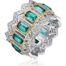 Solitaire Rings Genevive Sterling Silver Rhodium and 14K Gold Plated Emerald Cubic Zirconia Coctail Ring Green