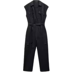 Mango Women's Cargo Style Linen Jumpsuit - Black