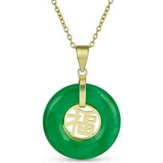 Jade Necklaces Bling Jewelry Circle Round Disc Donut Good Fortune Fu Character Chinese Symbol Pendant Necklace - Gold/Green