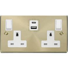 SE Home Satin Brushed Brass 2 Gang 13A Type A & C USB Twin Double Switched Plug Socket Gold