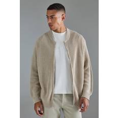 Beige - Bomber-takki Takit boohooMAN Mens Ribbed Fisherman Knit Bomber - Stone