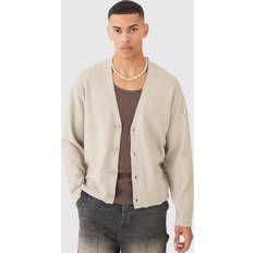 Beige - Mies Neuletakit boohooMAN Stone Boxy Fit Knitted Cardigan - Men's