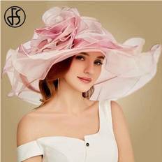 Blowuponline5 56, Purple Sun Hat FS 2019 Pink Kentucky Derby Hat For Women Organza Sun Hats Flowers Elegant Summer Wide Brim Ladies Wedding Church Fedoras