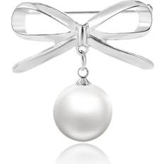 Silver Bowknot Simulated Pearl Brooch Lapel Pin For Women Dress Coat Cardigan Wedding Jewelry