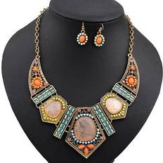 Multicoloured Jewellery Sets wwwwwwwt Women's Boho Colorful Hollow Statement Chain Choker Necklace Hook Earrings Set Wedding jewelry set Multicoloured