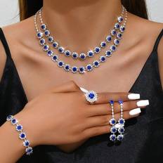 Blue Jewelry Sets Shein Wedding Accessories DoubleLayer Sunflower Diamond Necklace Earrings Bracelet Set