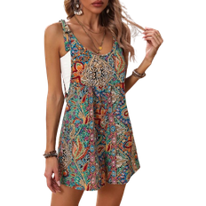 Shein VCAY Women Summer Vacation Style Loose Fit Sleeveless Romper With Waist Tie And Paisley Print