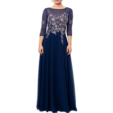 Blue Dresses Betsy & Adam Brooklyn Long Embroidery 3/4 Sleeve Dress - Navy/Rose