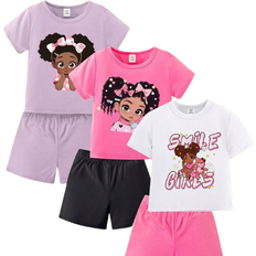 Babies Children's Clothing Shein 6pcs/Set Casual Daily Wear Baby Girl's Simple & Fun Sporty Pattern Printed Outfits Suitable For Spring And Summer Outing