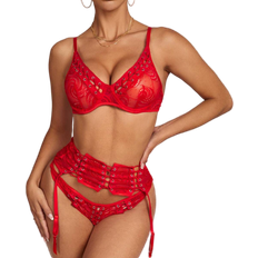 Dame - Elastan / Lycra / Spandex Undertøysett BlackBeauty Women's Lace Bra & Underwear with Belt - Red