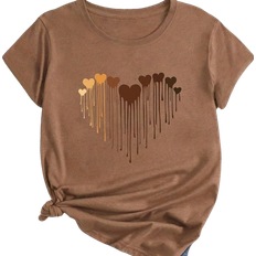 Brown - Women T-shirts & Tank Tops Shein SHEIN Essnce Plus Size Women's Valentine's Day Heart Print Round Neck Short Sleeve T-Shirt