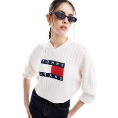 4XL - Damen Pullover Tommy Jeans Pullover Center Flag DW0DW18528 Écru Relaxed Fit