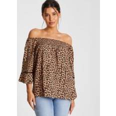 Viscose Blouses Quiz Leopard Print Bardot Top Stone