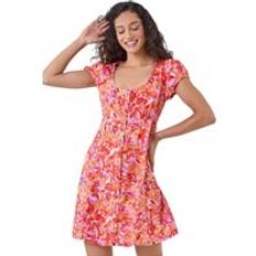 Long Dresses - Ruffles Dusk Floral Print Button Through Dress Orange