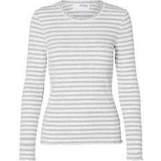 Dame - Multifarvet T-shirts Selected Femme SLFAnna LS Crew Neck Tee Multistripe Bluse Light Grey Melange Stripes