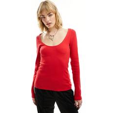 Slim-fit Blusen Monki Langarmoberteil mit tiefem Ausschnitt Knallrot, Tops in Größe XL. Farbe: Bright red