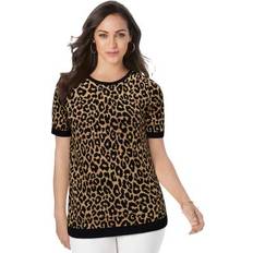 Jessica London Sweaters Jessica London Plus Women's Fine Gauge Crewneck Shell in Neutral Classic Cheetah Size 26/28 Short Sleeve Sweater