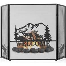 Fireplace Screens Costway 132 x 79 cm Fireplace Screen 3-Panel Folding Spark Guard w/ Natural Scenery & Moose Pattern Black One Size