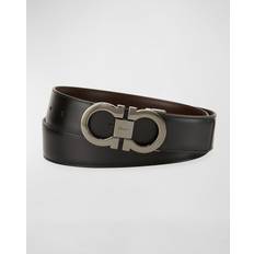 Leather Belts Ferragamo Men's Reversible Leather Double-Gancio Belt BLACK/BROWN 44in 110cm