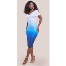 Blue - Evening Gowns Dresses Goddiva Ombre Front Wrap Bardot Midi Dress Light Blue