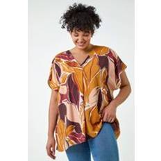 Natural - Women Blouses Roman Curve Leaf Print Pleat Front Top Natural