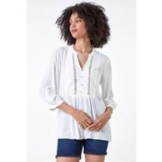 Round Blouses Roman Cotton Blend Broderie Textured Top Ivory