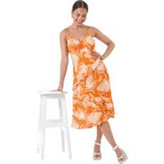 Orange - Short Dresses Roman Petite Leaf Print Frill Midi Dress Orange