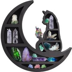 keebgyy Cat on The Moon Wooden for Crystals, 14Inch Wall Shelf