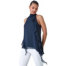 Slit Blouses Roman Halterneck Asymmetric Frill Detail Top Navy