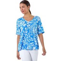 Turquoise - Women Blouses Roman Abstract Leaf Print Button Back Top Turquoise
