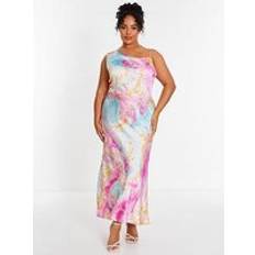 Quiz Curve Marble Print Satin Midaxi Dress Pink