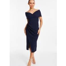 Evening Gowns Dresses Quiz Bardot Ruched Wrap Midi Dress Blue