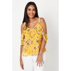 Yellow Blouses Wallis Petite Floral Chiffon Ruffle Colds Shoulder Top Yellow