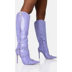 Purple High Boots Public Desire Worthy Lilac Croc Studded Zip Detail Pointed Toe Stiletto Knee High Boots purple