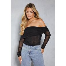 Mesh Blouses Misspap mesh ruched drape bardot long sleeve top